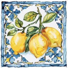 Wall Mural - watercolor Sicilian tiles and lemon and sea, watercolor seamless pattern with lemons and blue patterns. vintage,Mediterranean Italian tile with blue ornament, plants and basil leaves and yellow lemons