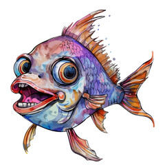 Watercolor vector of a cartoon smiling fish animation, isolated on a white background.