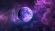 © florynstudio3 - A purple planet with a swirling surface sits in a dark starry space with faint purple clouds and white stars.