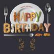 © starush - A happy birthday message made of pasta and utensils on a plate, AI