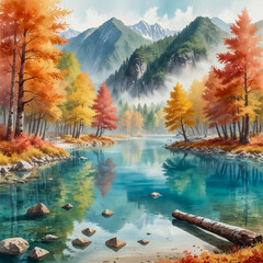 Wall Mural - Watercolor illustration of Jiuzhaigou Valley, focusing on its crystal-clear lakes and colorful autumn forests