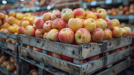 Wall Mural - Fresh apples in wooden crates - generative ai