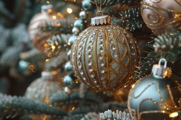 Wall Mural - christmas tree with silver ornament hanging from it, Glittering Christmas ornaments adorning festive tree