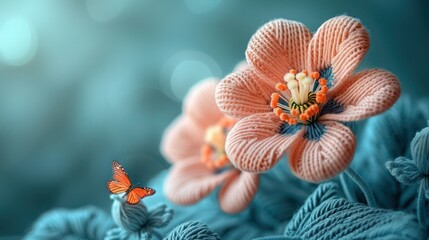 Crocheted spring Scene with Flowers, Butterfly, and Sun on Aquamarine Background. spring or summer day concept