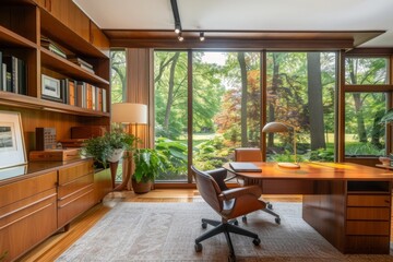 Poster - home office with desk and chair, Home office featuring mid-century modern design with large window overlooking the garden