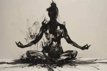 painting of woman sitting in lotus position, monochromatic art piece showing person in yoga pose, ex