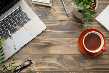 Aufkleber - laptop computer sitting on top of wooden table, Office desk setup with laptop, coffee mug, and stationery in neutral tones