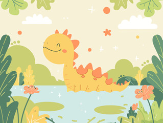 Poster - Cute dinosaur in the park. Vector illustration in flat style.