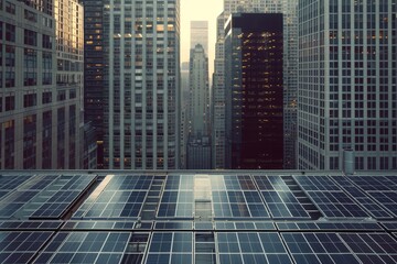 Aufkleber - view of city from high rise building, Solar panels covering rooftops of city skyscrapers