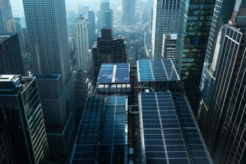 Aufkleber - view of city from high rise building, Solar panels covering rooftops of city skyscrapers