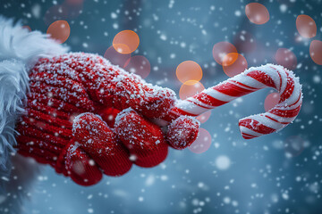 Closeup of Santa Claus gloved hand holding a candy cane with twinkling lights in the background captured using a macro lens with HDR processing to enhance the details