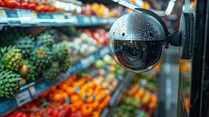 Security camera in fresh produce aisle - generative ai