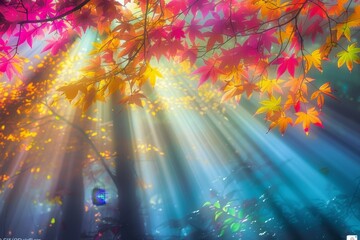 Poster - tree with leaves and the sun shining through it, Sunlight filtering through the colorful canopy of autumn leaves
