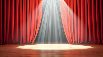 Wall Mural - A red curtain is open to reveal a stage with a spotlight shining on it