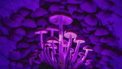 A group of purple mushrooms are growing in a dark room, AI