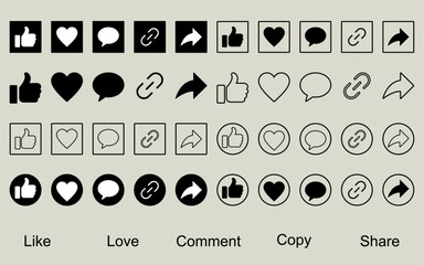Wall Mural - like comment copy share love icon button set social midea notification icons facebook thumb up flat 