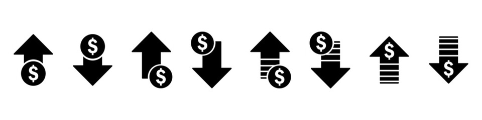 Wall Mural - earning money increase decrease black icon with arrow symbol profit and loss vector icon illustratio