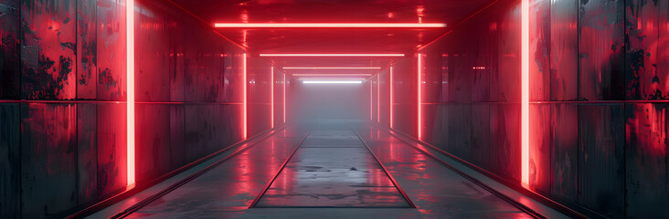 Wall Mural - Red Neon Lights Illuminate a Modern Concrete Corridor