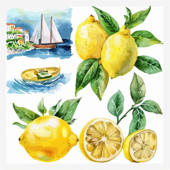 Wall Mural - watercolor Sicilian tiles and lemon and sea,watercolor seamless pattern with lemons and blue patterns. vintage,Mediterranean Italian tile with blue ornament, plants and basil leaves and yellow lemons