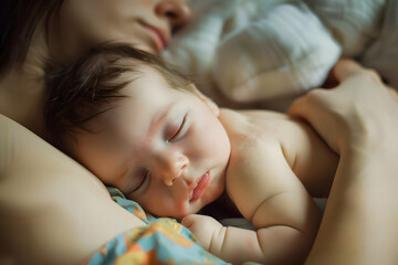 The baby sleeps in the arms of his mother