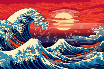 Vintage japanese engraving style great wave. Japanese ocean or sea water waves drawing with sun,  Created using generative AI tools.