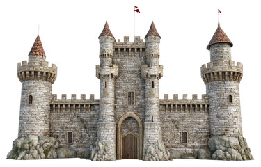 Medieval stone castle with towers and flags, cut out - stock png.