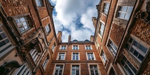 Upward view of historic Gothic building with ornate statues and blue sky