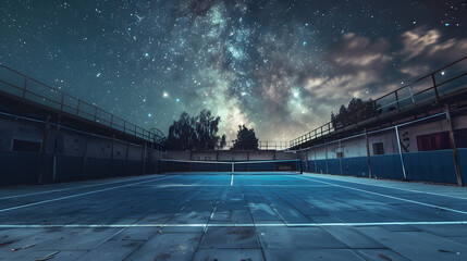 Wall Mural - A tennis court with a blue sky and stars in the background