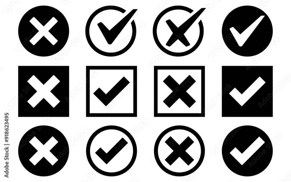 Check box tick mark icon set black button correct right wrong buttons ...