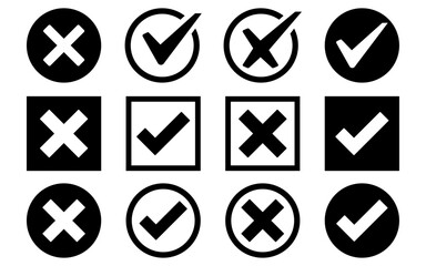 Wall Mural - check box tick mark icon set black button correct right wrong buttons or yes or no checkmark red cro
