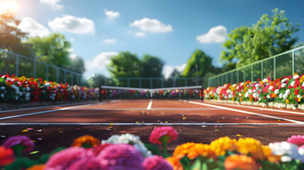 Wall Mural - A tennis court with a red clay surface and a fence in the background