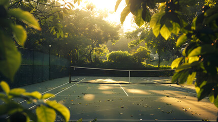 Wall Mural - A tennis court with a net and a few trees in the background