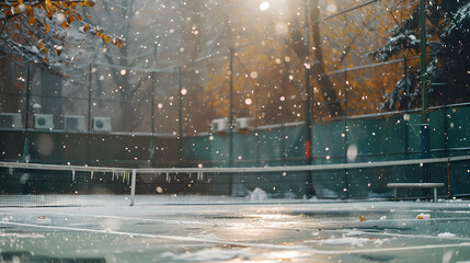 Wall Mural - a tennis court is covered in snow and the lights are on