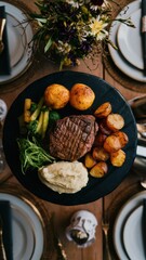 Wall Mural - A plate of meat, potatoes and vegetables on a table, AI