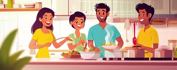 Happy family cooking together in kitchen preparing a meal