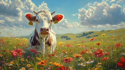 Cow in a flower field generative ai