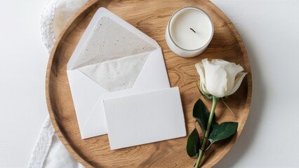 Wall Mural - A wooden tray with a white rose and two envelopes, AI