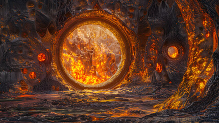 Canvas Print - A lava tube with a glowing red opening