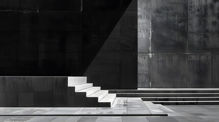 Wall Mural - A black and white photo of a staircase with a shadow cast on the wall