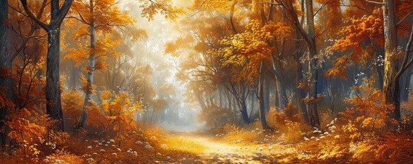 Wall Mural - Pathway through a golden autumn forest