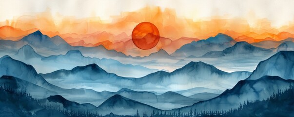 Wall Mural - Watercolor abstract sunset over hills on white.