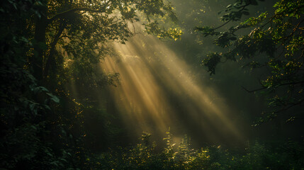 Poster - A forest with sunlight shining through the trees