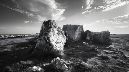 Wall Mural - A large rock sits in the middle of a field
