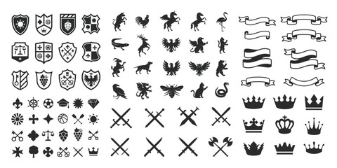 heraldic animals, shields logos, retro ribbons, luxury logo symbols, crown and swords icons. heraldi