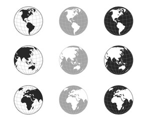 world globe maps set. europe, asia, america globe map. earth globe icons. vector illustration.