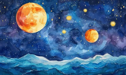 Wall Mural - Watercolor abstract night sky with planets on white.