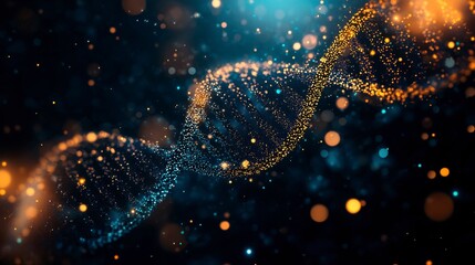 Double helix DNA with turquoise-orange glowing particles on dark background, abstract futuristic composition.