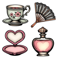 Wall Mural - Coquette core-inspired clip art set featuring symbols like a dainty teacup, a lace fan, a compact mirror and a vintage perfume bottle.