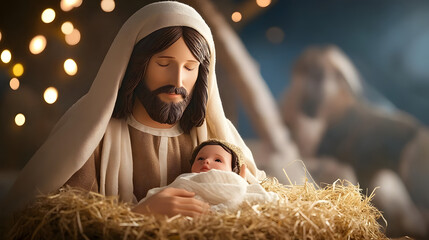 Poster - A man dressed as Jesus is holding a baby in a manger