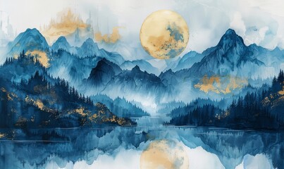 Watercolor abstract moonlit landscape on a white canvas.